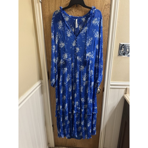 Anthropologie Marais Chiffon Lined Maxi Dress Royal Blue Floral Boho Plus 2X - Picture 2 of 11